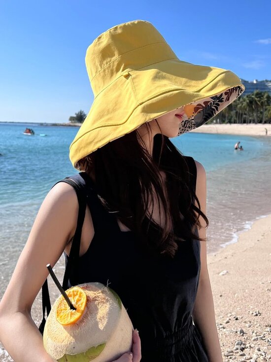Women Wide Brim Summer Sun Hat Wired Edge Beach Bucket Fishing Hats Yellow main image 4